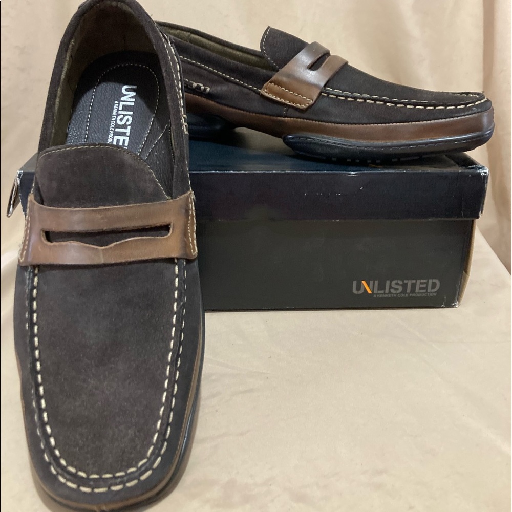 New KENNETH COLE UNLISTED Quick Response, Penny Loafer Shoes, Brown Suede